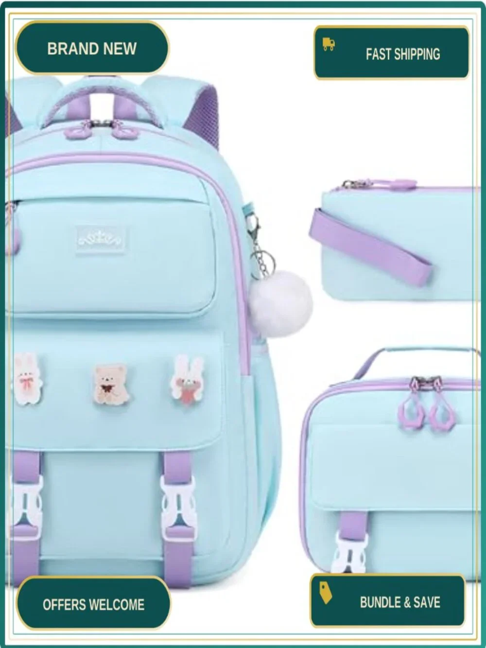 Girls Backpack Set with Lunch Box & Pencil Case, 3-Piece School Bookbag, Nylon